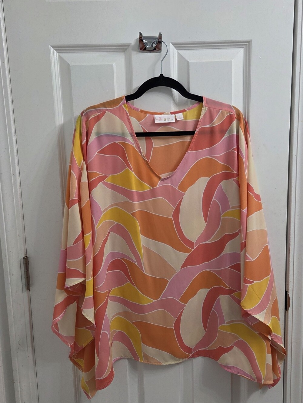 Belle by Kim Gravel Pink, Yellow & Orange Abstract Wave V-Neck Tunic